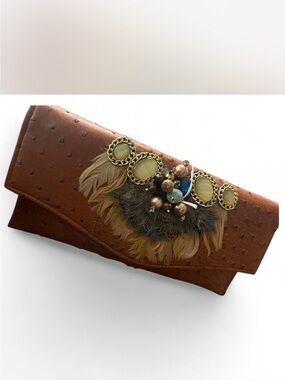 Vintage Iris Lane  Boho Feather Embellished Brown Clutch with Turquoise Accents